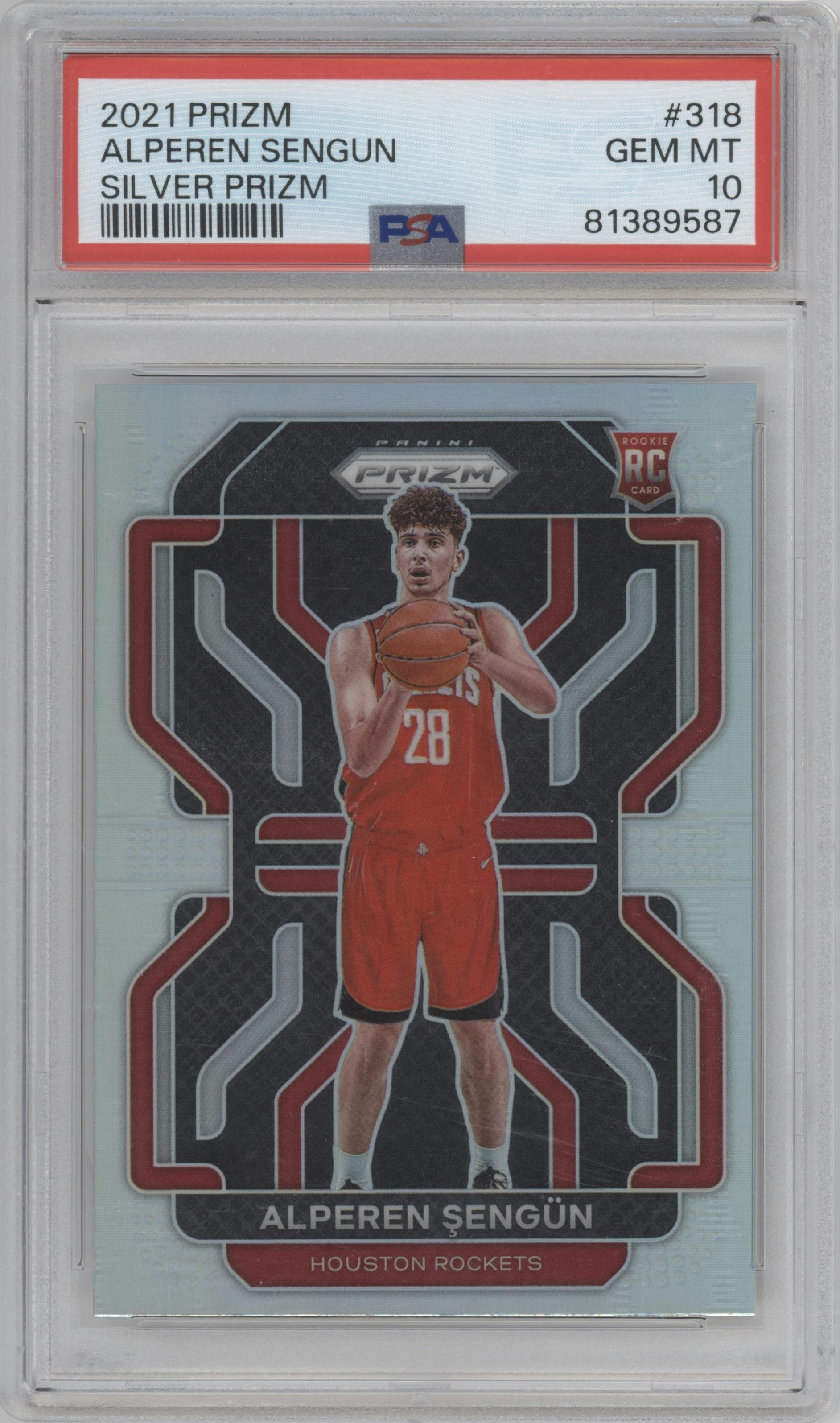 Alperen Sengun from the 2021-22 Panini Prizm  set featuring a Silver Prizm parallel graded by PSA and given an overall grade of 10.