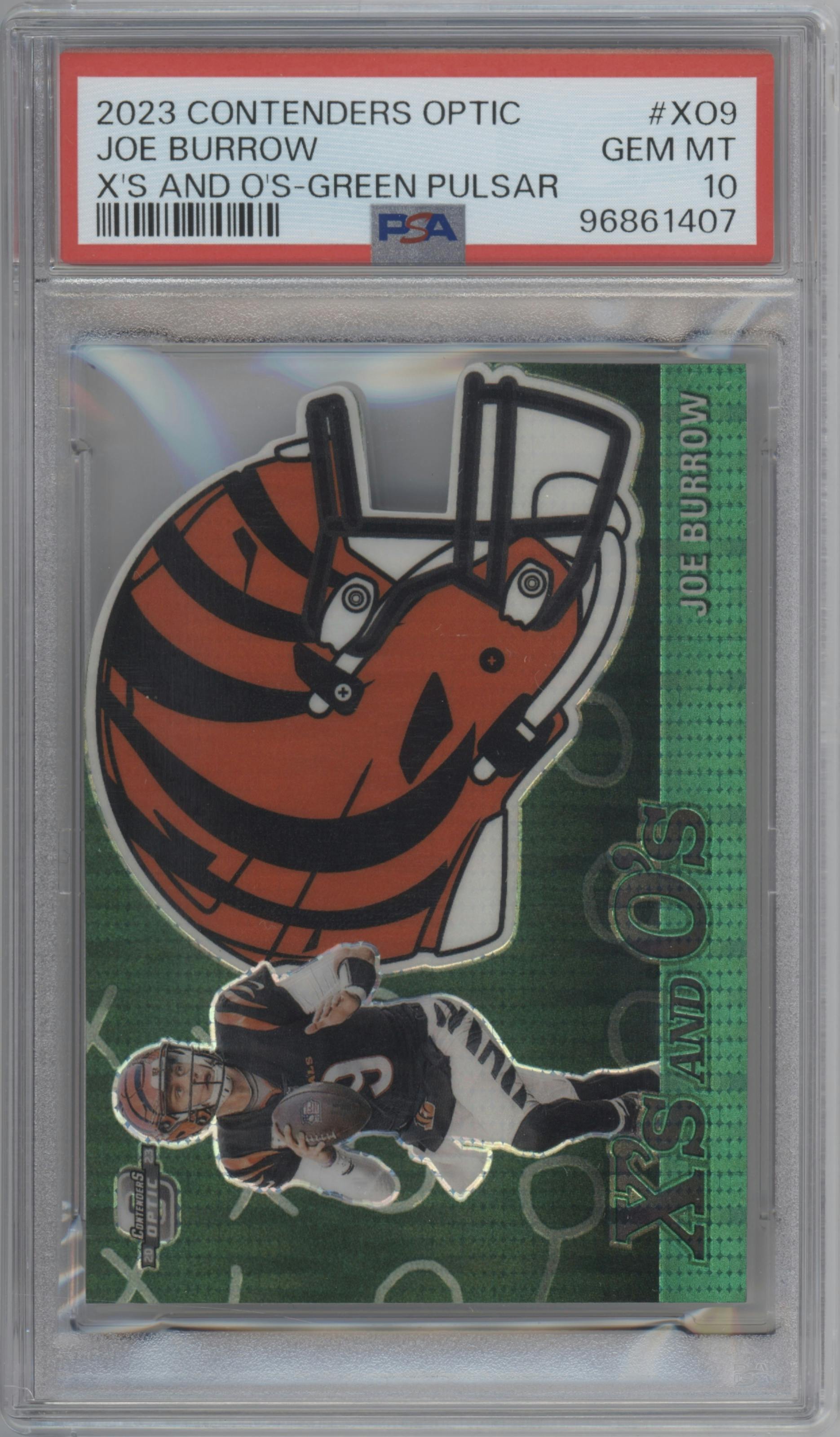 Joe Burrow from the 2023 Panini Contenders Optic set featuring a Green Pulsar parallel graded by PSA and given an overall grade of 10.