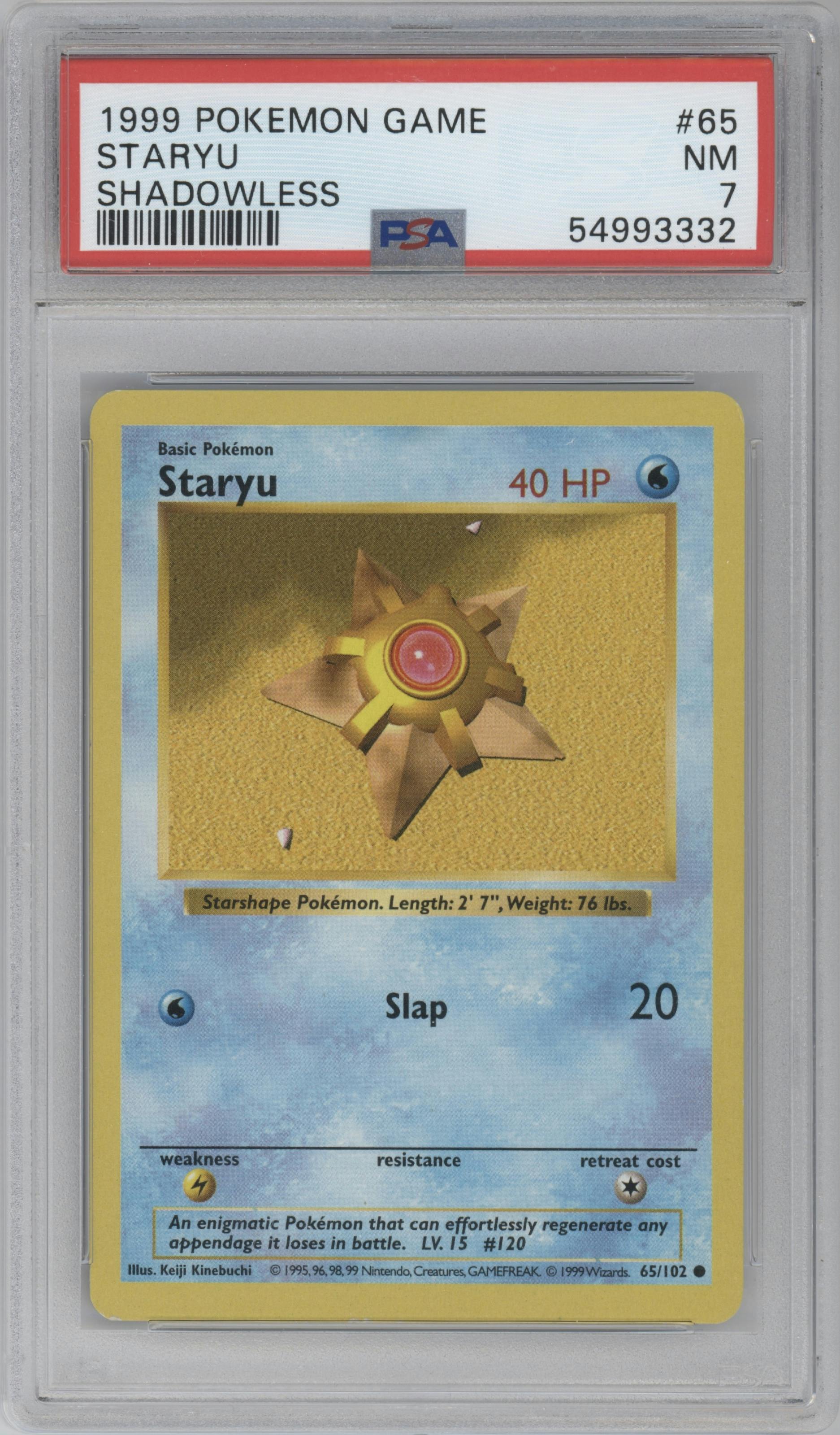 Staryu from the 1999 Pokemon set graded by PSA and given an overall grade of 7.