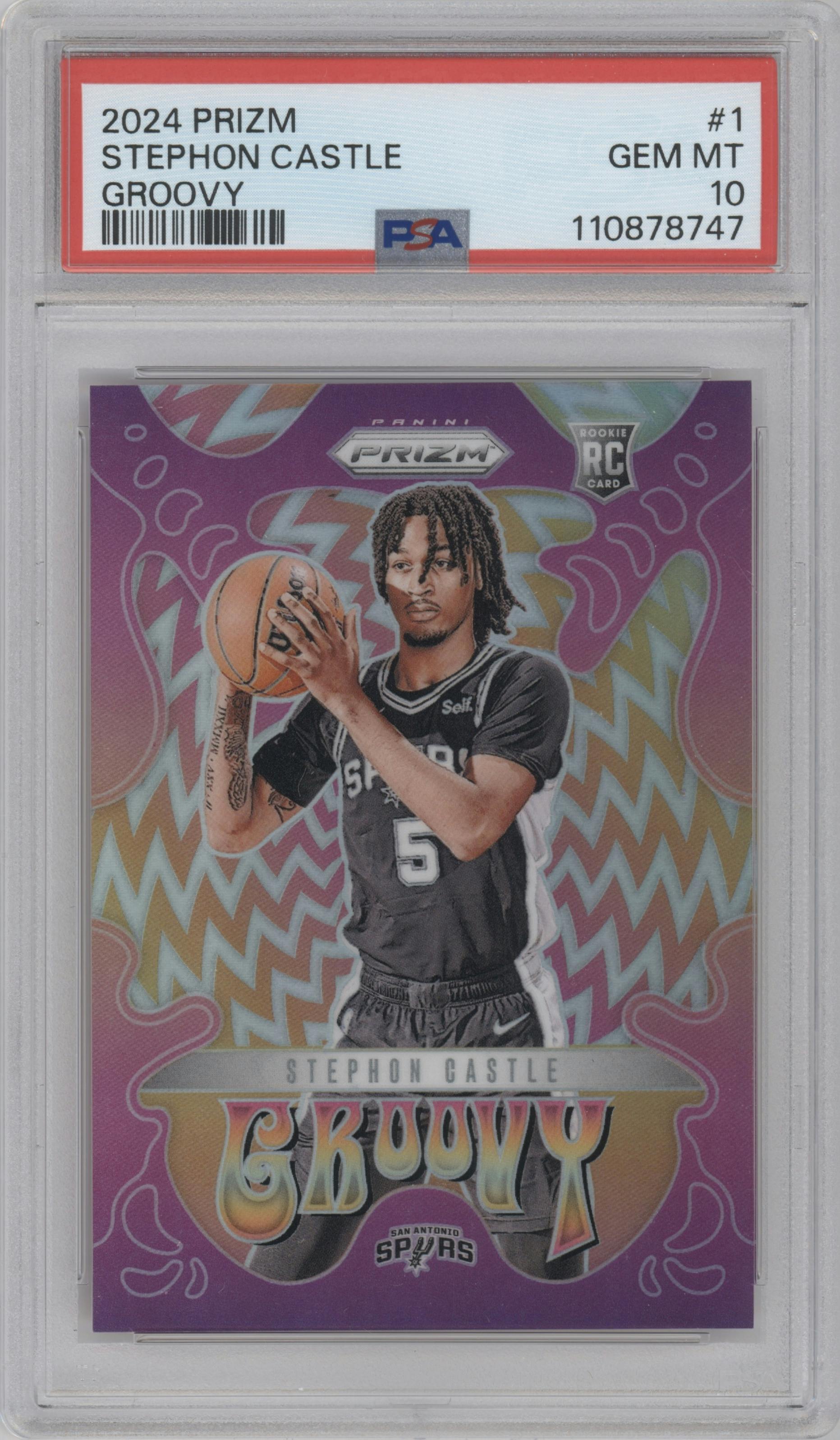 Stephon Castle from the 2024-25 Panini Prizm set graded by PSA and given an overall grade of 10.
