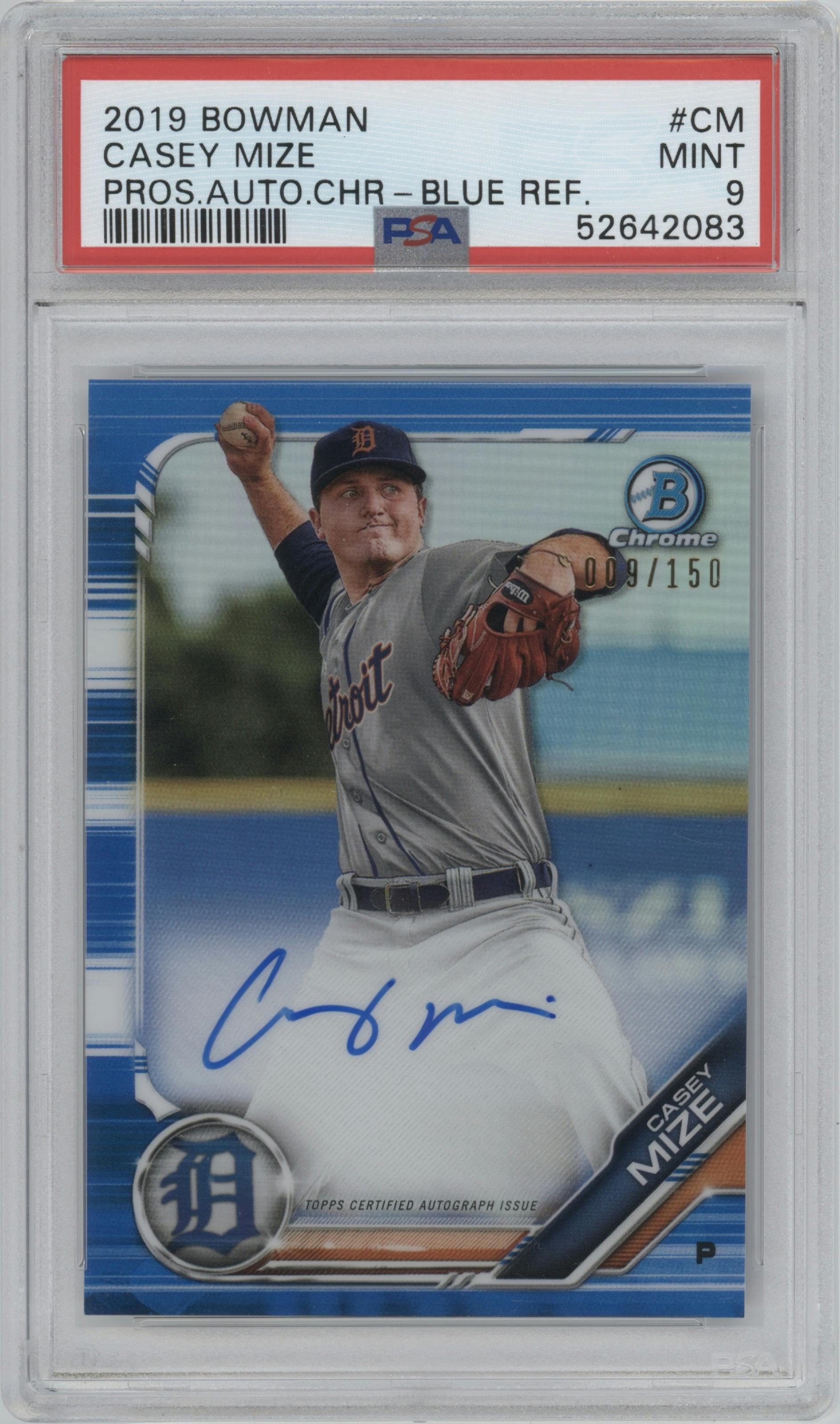 Casey Mize from the 2019 Bowman  set featuring a Blue Refractor  parallel graded by PSA and given an overall grade of 9.