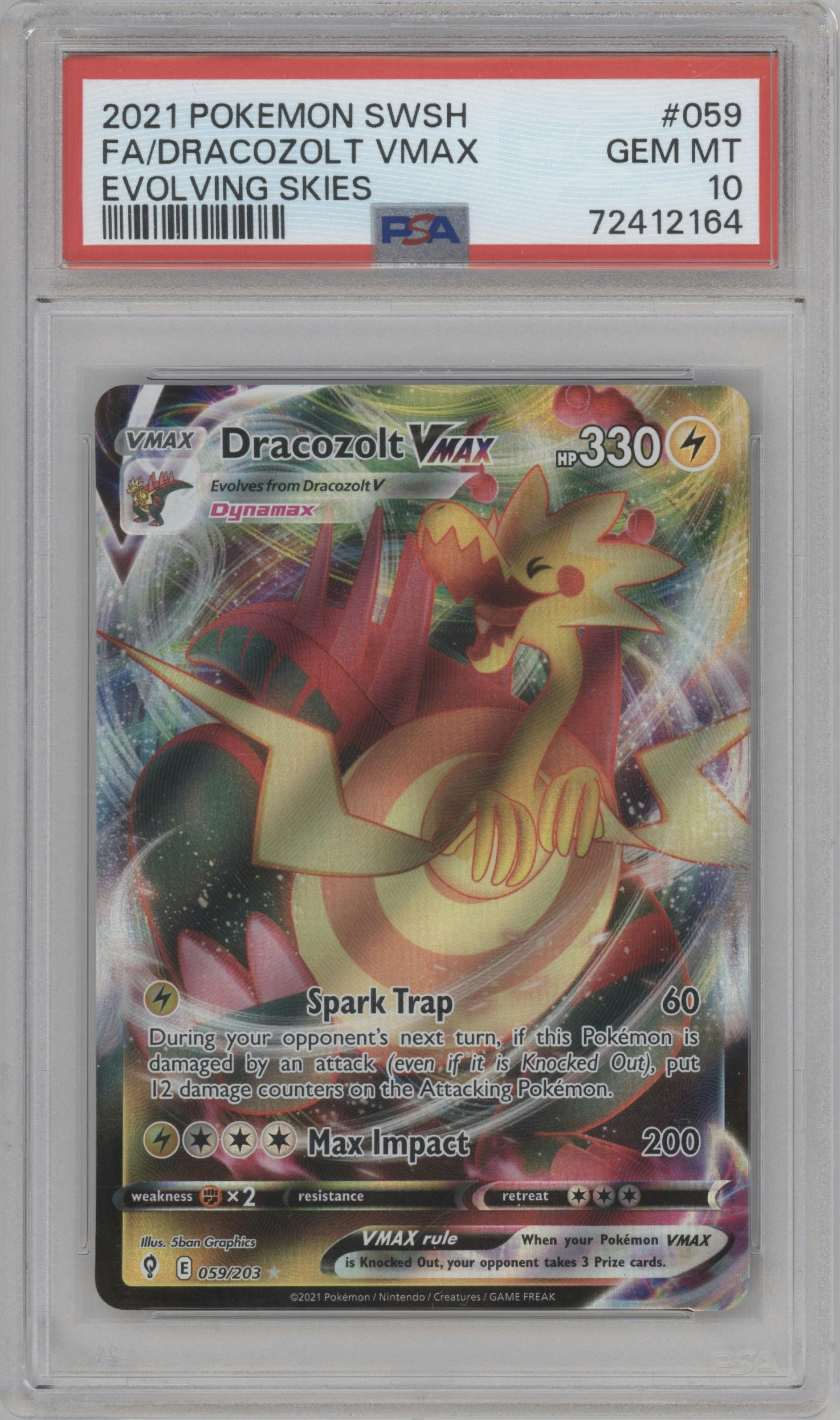 Dracozolt Vmax from the 2021 Pokemon SWSH set graded by PSA and given an overall grade of 10.