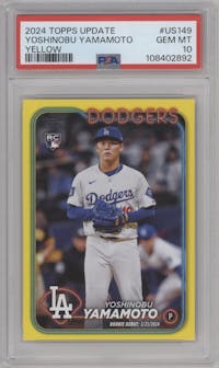 Yoshinobu Yamamoto from the 2024 Topps Update set featuring a Yellow  parallel graded by PSA and given an overall grade of 10.