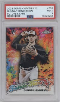 Gunnar Henderson from the 2023 Topps Chrome Logofractor Edition set graded by PSA and given an overall grade of 9.