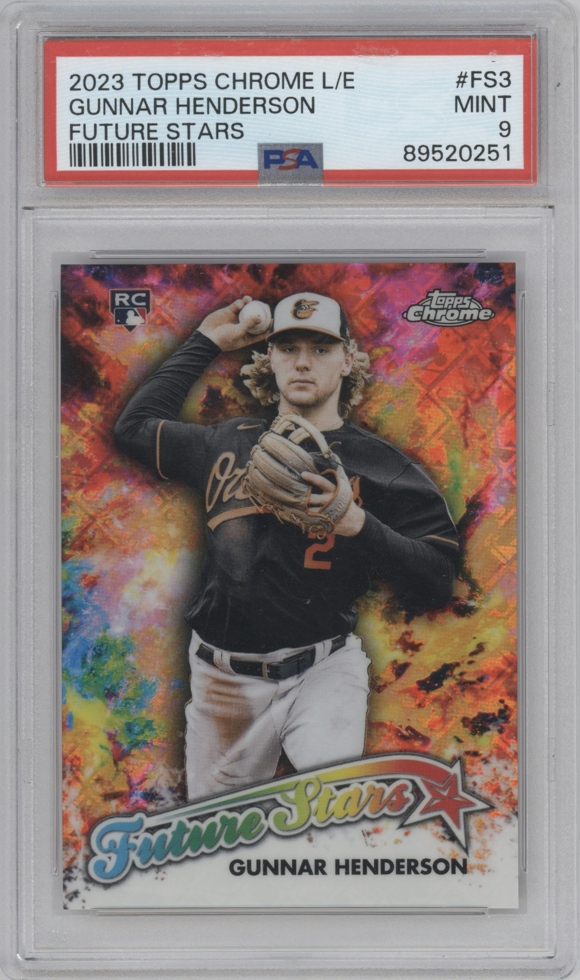 Gunnar Henderson from the 2023 Topps Chrome Logofractor Edition set graded by PSA and given an overall grade of 9.