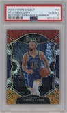 Stephen Curry from the 2020-21 Panini Select  set featuring a Red/White/Orange Shimmer parallel graded by PSA and given an overall grade of 10.