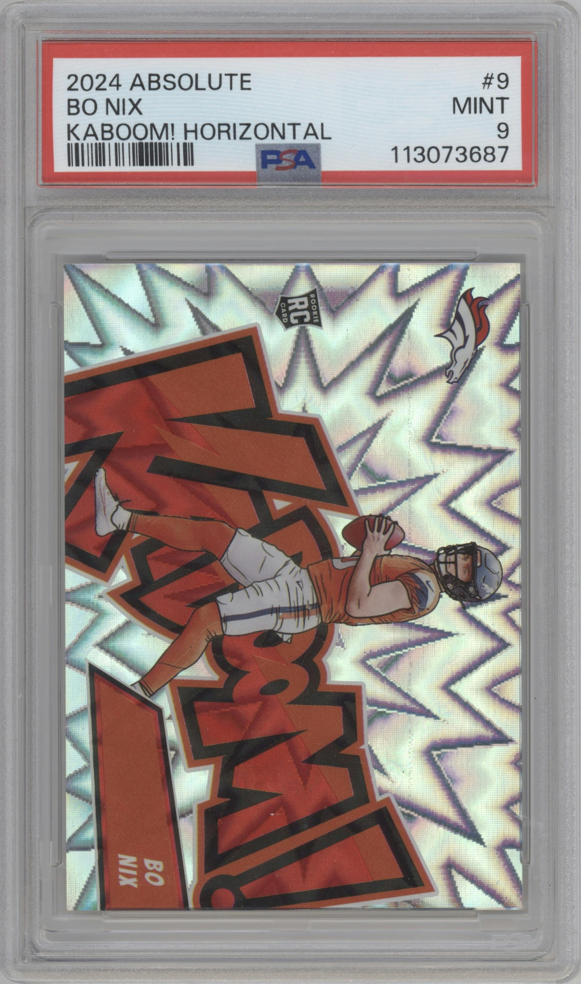 Bo Nix from the 2024 Panini Absolute set graded by PSA and given an overall grade of 9.