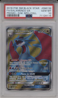 Salamence GX from the 2018 Pokemon S&M  set featuring a Dragon Majesty Special Collection parallel graded by PSA and given an overall grade of 10.