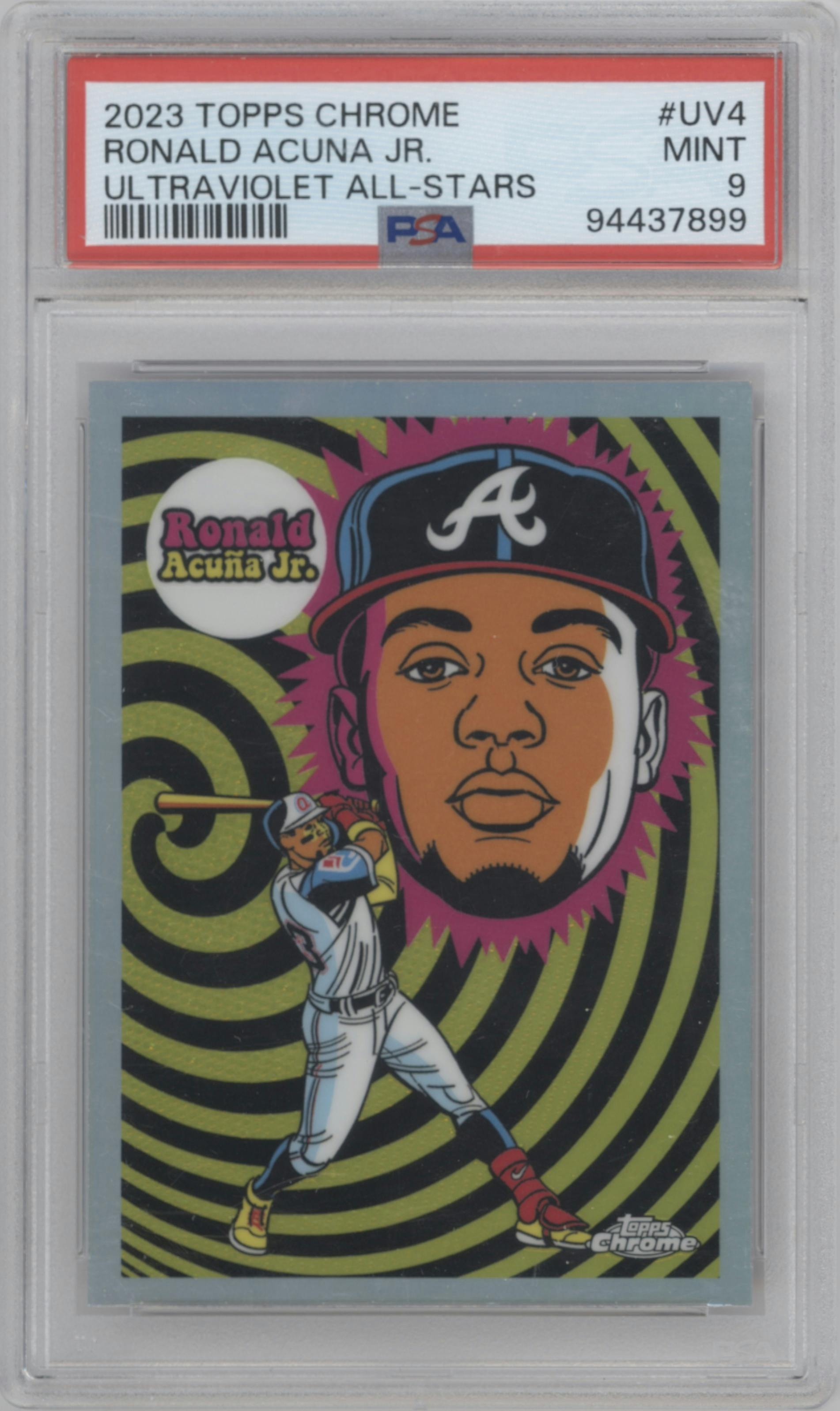 Ronald Acuna Jr. from the 2023 Topps Chrome set graded by PSA and given an overall grade of 9.