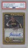 Jackson Merrill from the 2024 Topps Chrome set featuring a Gold Wave Refractor parallel graded by PSA and given an overall grade of 10.