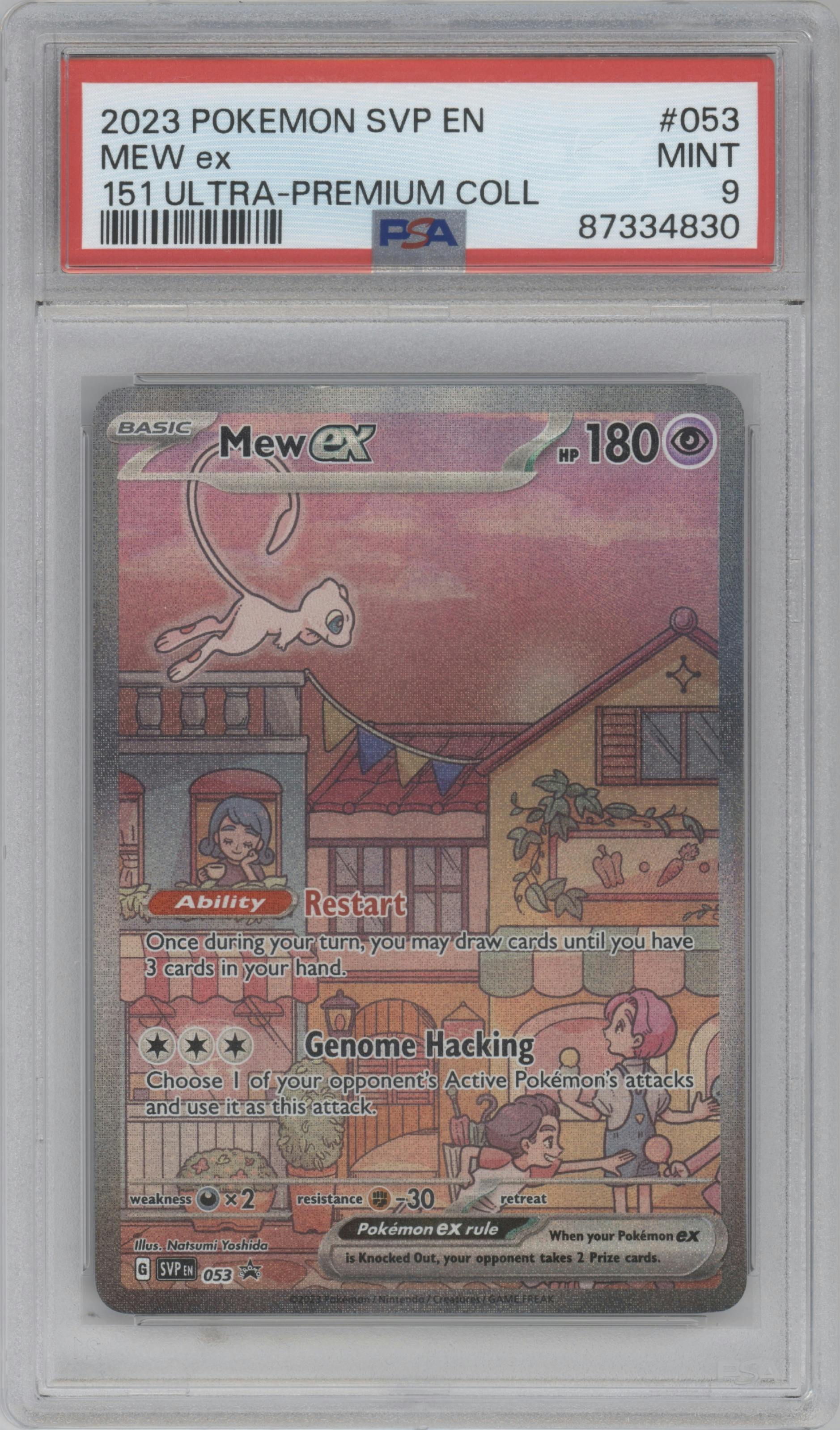 Mew ex from the 2023 Pokemon SV set featuring a Ultra Premium Collection parallel graded by PSA and given an overall grade of 9.