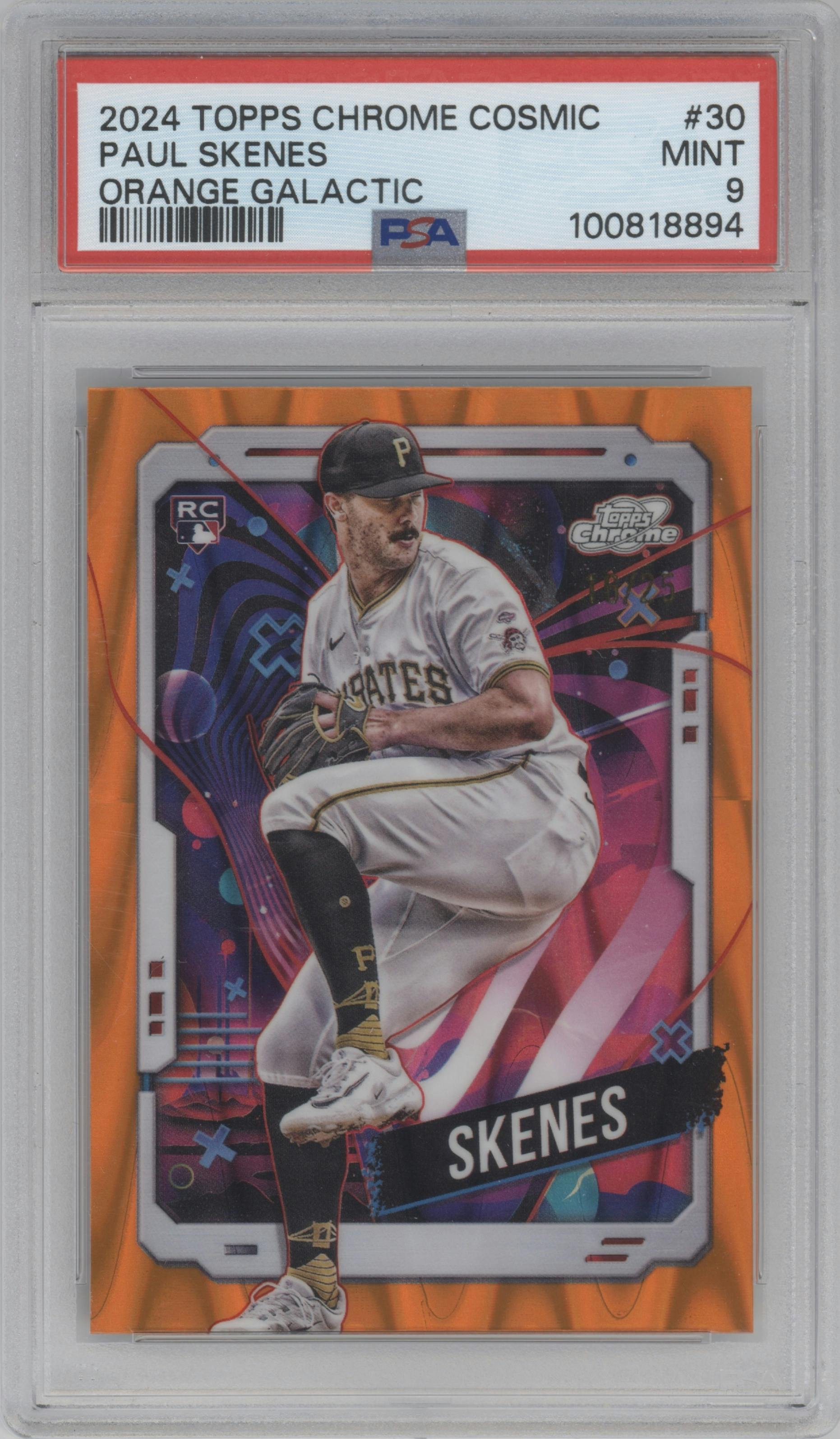 Paul Skenes from the 2024 Topps Cosmic Chrome set featuring a Orange Galactic Refractor parallel graded by PSA and given an overall grade of 9.