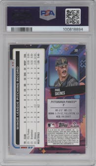Paul Skenes from the 2024 Topps Cosmic Chrome set featuring a Orange Galactic Refractor parallel graded by PSA and given an overall grade of 9.