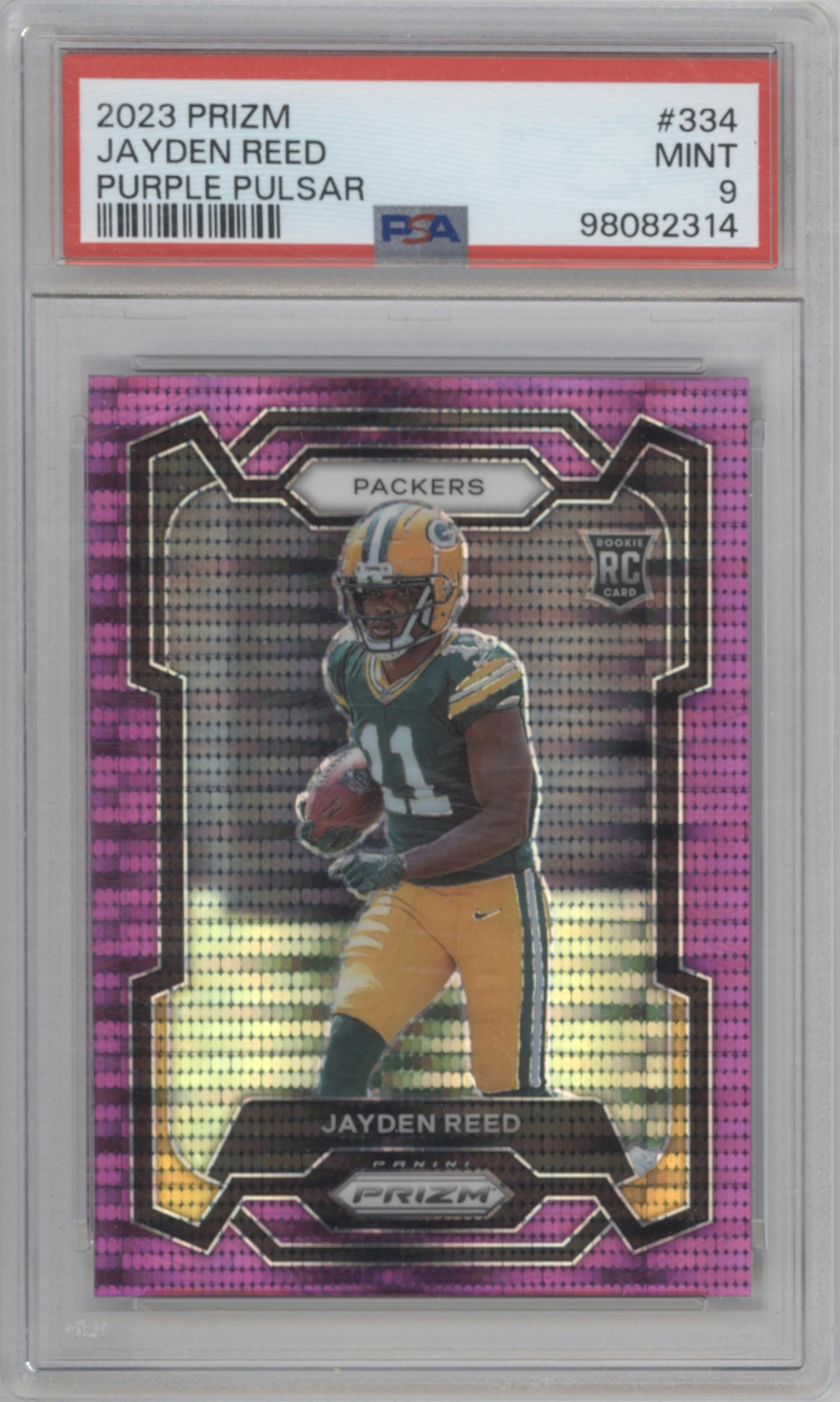 Jayden Reed from the 2023 Panini Prizm set featuring a Purple Pulsar parallel graded by PSA and given an overall grade of 9.