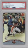 Shannon Sharpe from the 1998 Topps Finest set featuring a Refractor parallel graded by PSA and given an overall grade of 9.