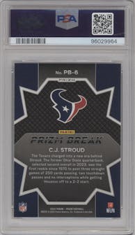 C.J. Stroud from the 2023 Panini Prizm set featuring a Green Ice parallel graded by PSA and given an overall grade of 10.