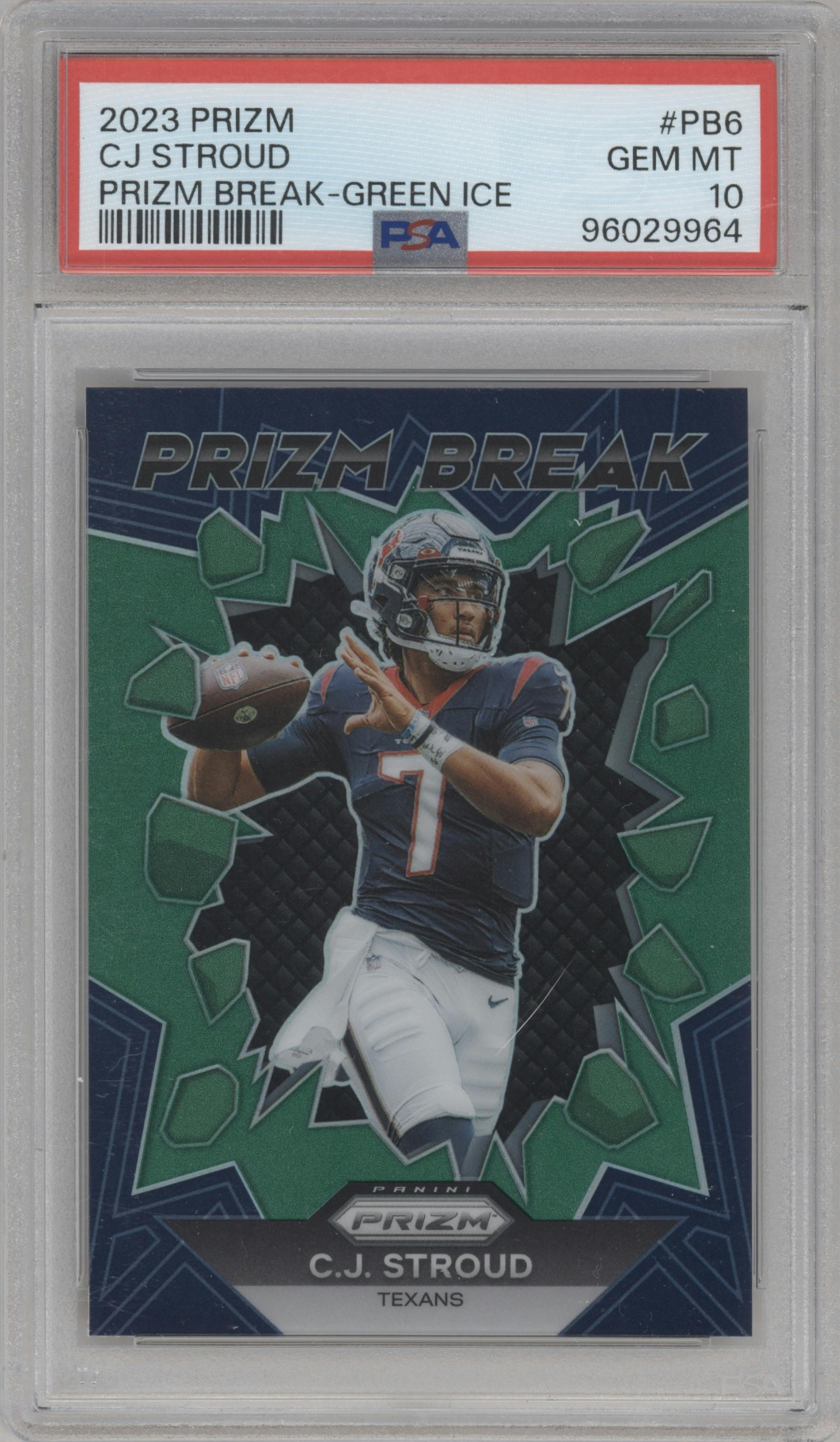 C.J. Stroud from the 2023 Panini Prizm set featuring a Green Ice parallel graded by PSA and given an overall grade of 10.