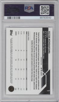 Victor Wembanyama from the 2023-24 Topps Chrome set featuring a Refractor parallel graded by PSA and given an overall grade of 10.