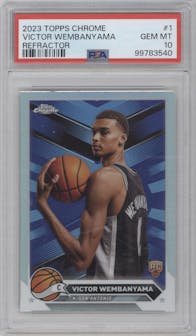 Victor Wembanyama from the 2023-24 Topps Chrome set featuring a Refractor parallel graded by PSA and given an overall grade of 10.