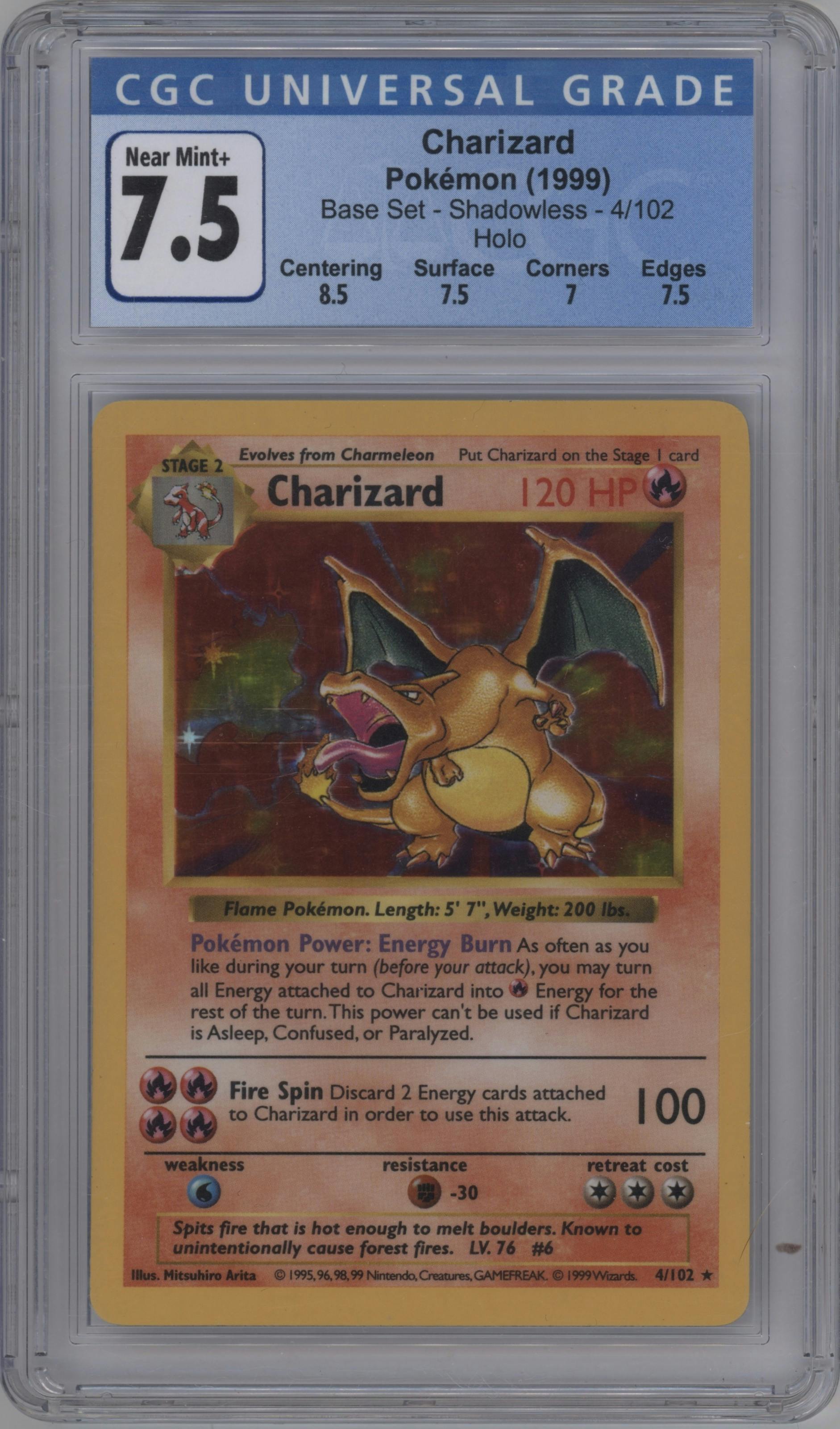Charizard from the 1999 Pokemon set graded by CSG and given an overall grade of 7.5.