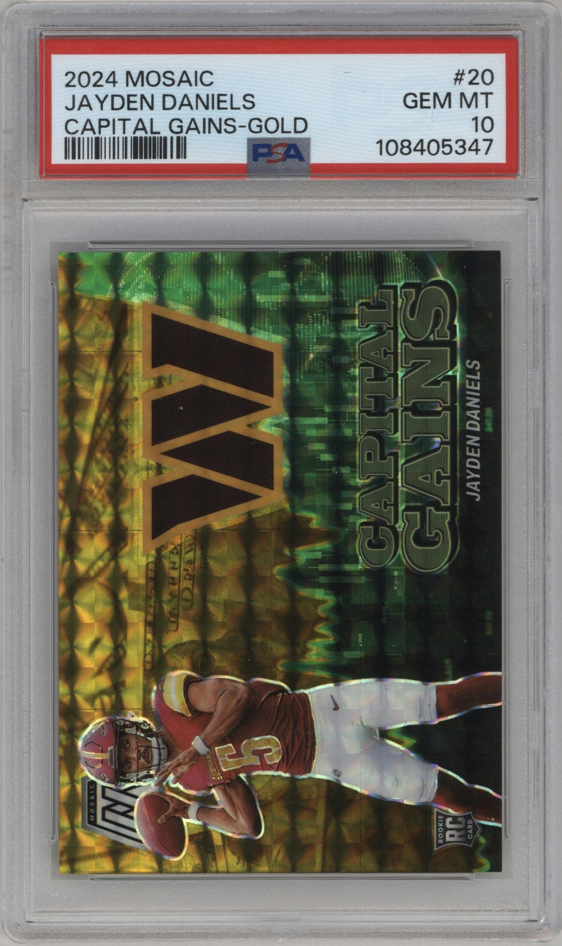 Jayden Daniels from the 2024 Panini Mosaic set featuring a Gold parallel graded by PSA and given an overall grade of 10.