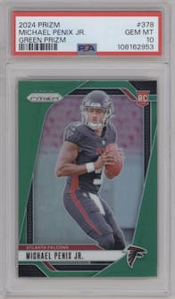 Michael Penix Jr. from the 2024 Panini Prizm set featuring a Green Prizm parallel graded by PSA and given an overall grade of 10.
