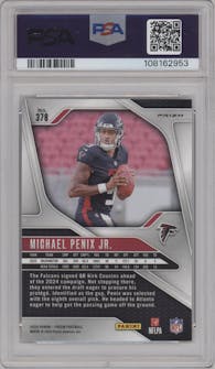 Michael Penix Jr. from the 2024 Panini Prizm set featuring a Green Prizm parallel graded by PSA and given an overall grade of 10.