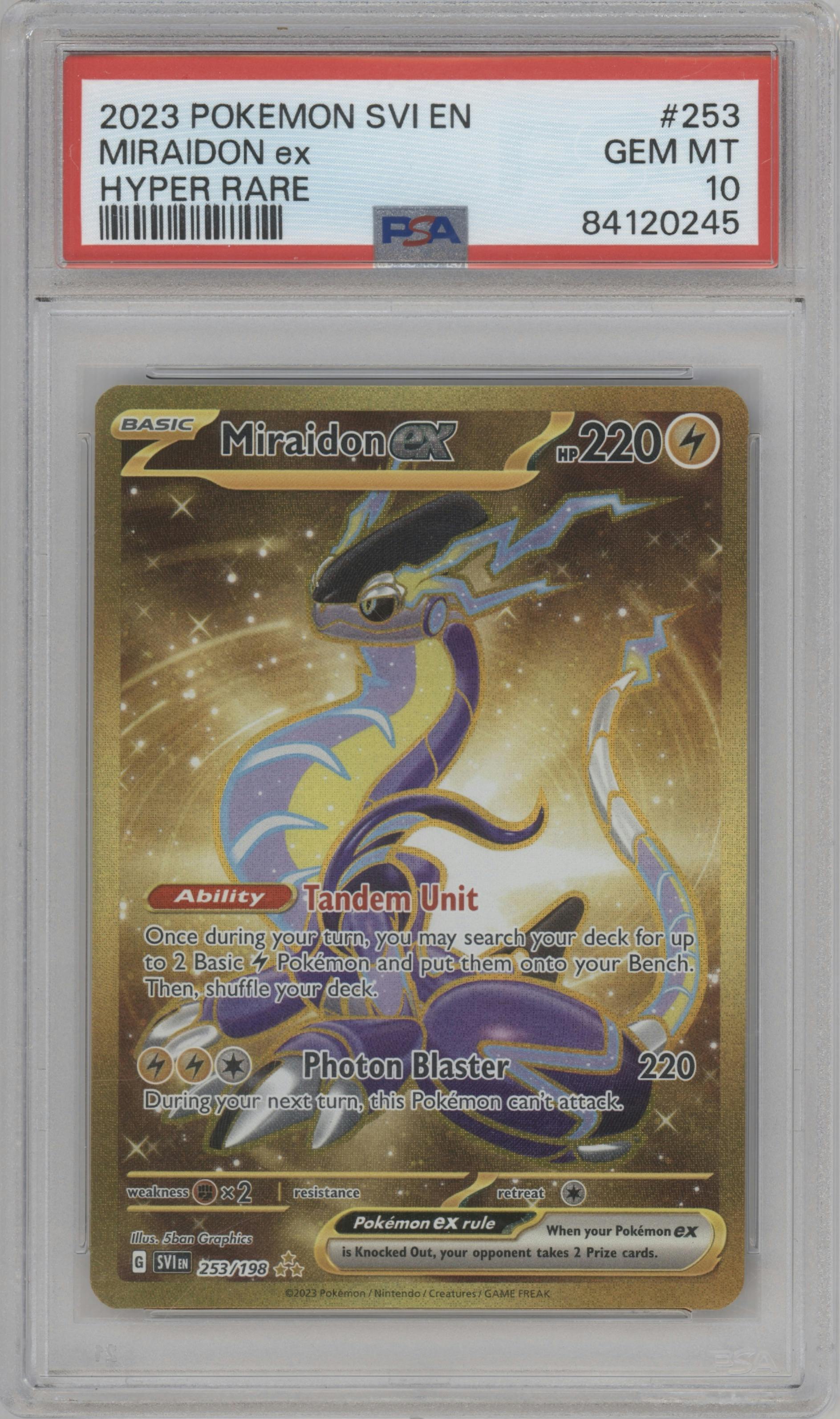 Miraidon EX from the 2023 Pokemon SV set graded by PSA and given an overall grade of 10.