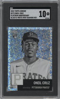 Oneil Cruz from the 2022 Topps Chrome Platinum Anniversary set featuring a Black & White Mini-Diamond parallel graded by SGC and given an overall grade of 10.