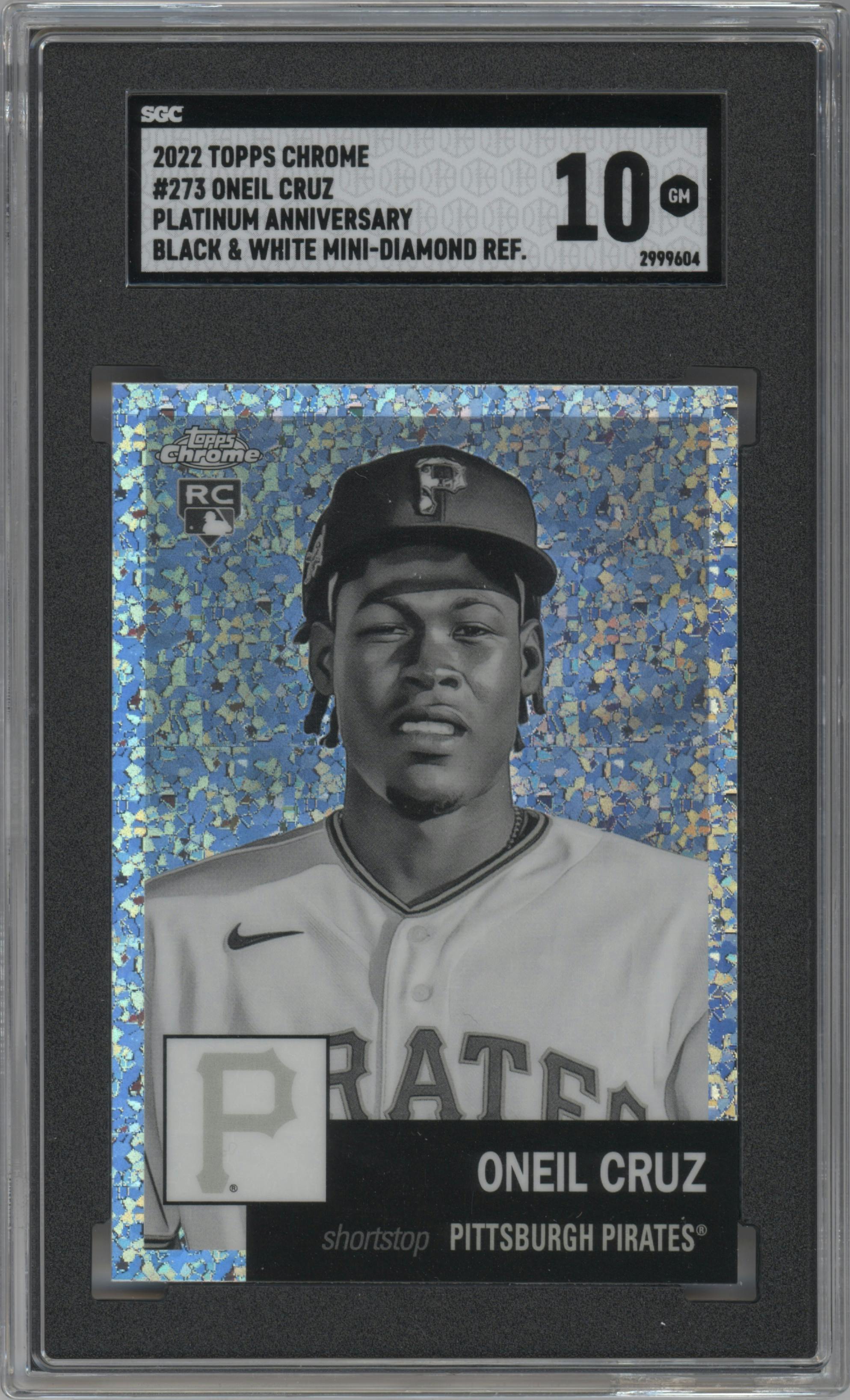 Oneil Cruz from the 2022 Topps Chrome Platinum Anniversary set featuring a Black & White Mini-Diamond parallel graded by SGC and given an overall grade of 10.