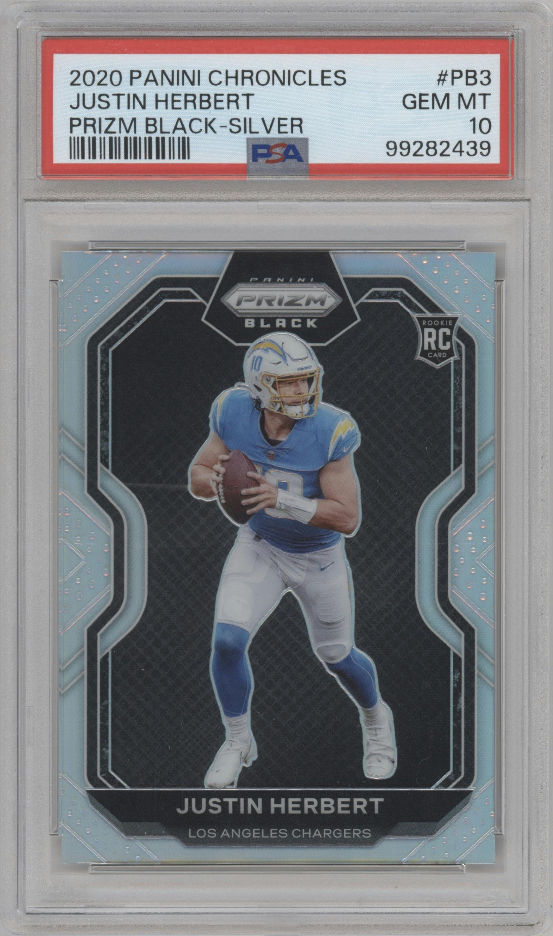 Justin Herbert from the 2020 Panini Chronicles set featuring a Silver parallel graded by PSA and given an overall grade of 10.