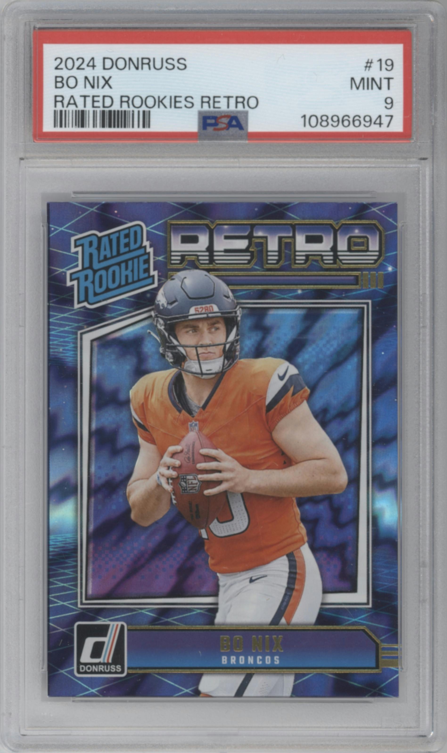 Bo Nix from the 2024 Donruss set graded by PSA and given an overall grade of 9.