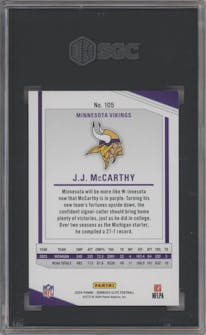 J.J. McCarthy from the 2024 Panini Donruss Elite set featuring a Purple parallel graded by SGC and given an overall grade of 9.