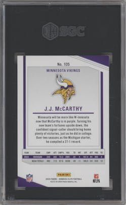 J.J. McCarthy from the 2024 Panini Donruss Elite set featuring a Purple parallel graded by SGC and given an overall grade of 9.