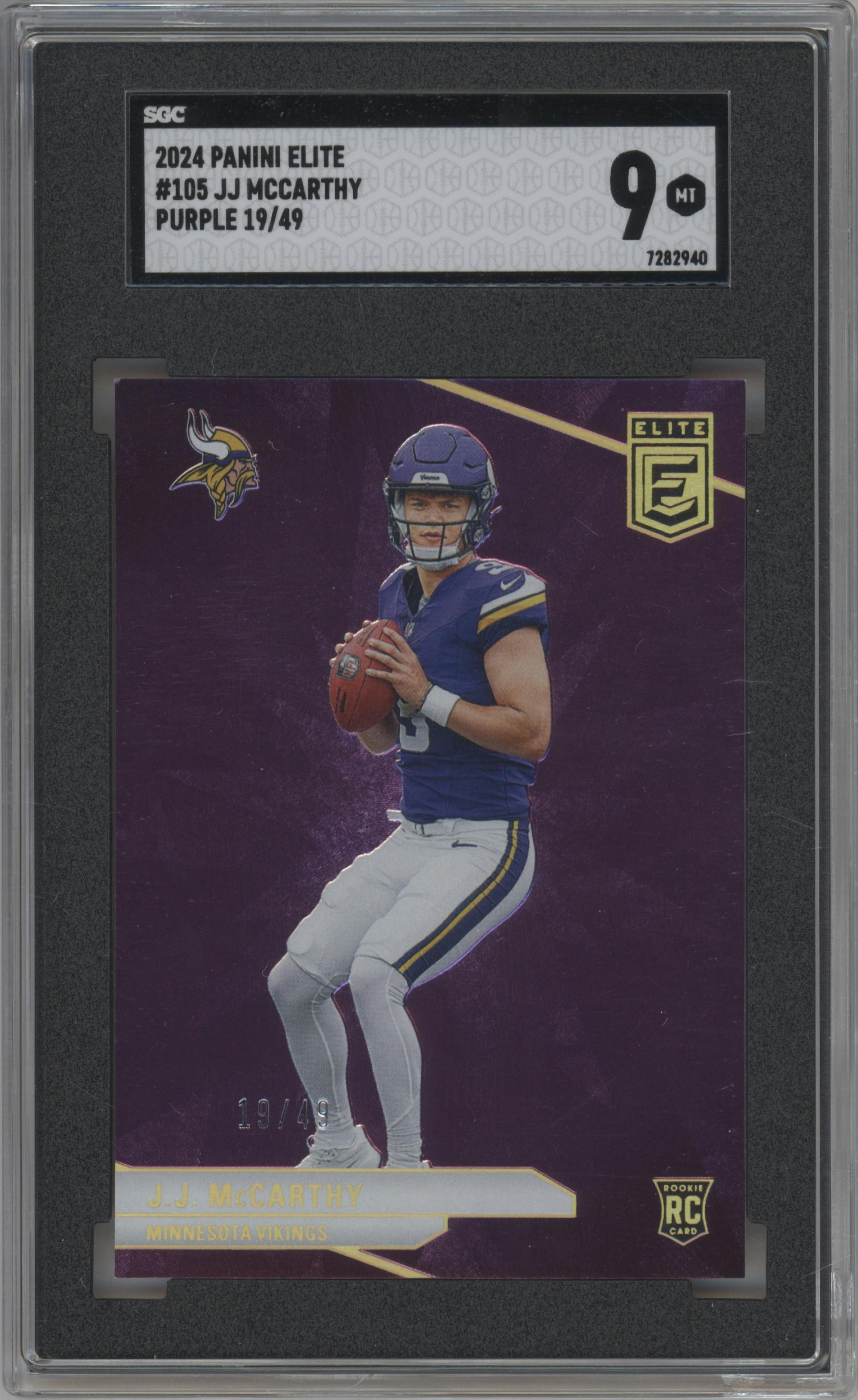 J.J. McCarthy from the 2024 Panini Donruss Elite set featuring a Purple parallel graded by SGC and given an overall grade of 9.