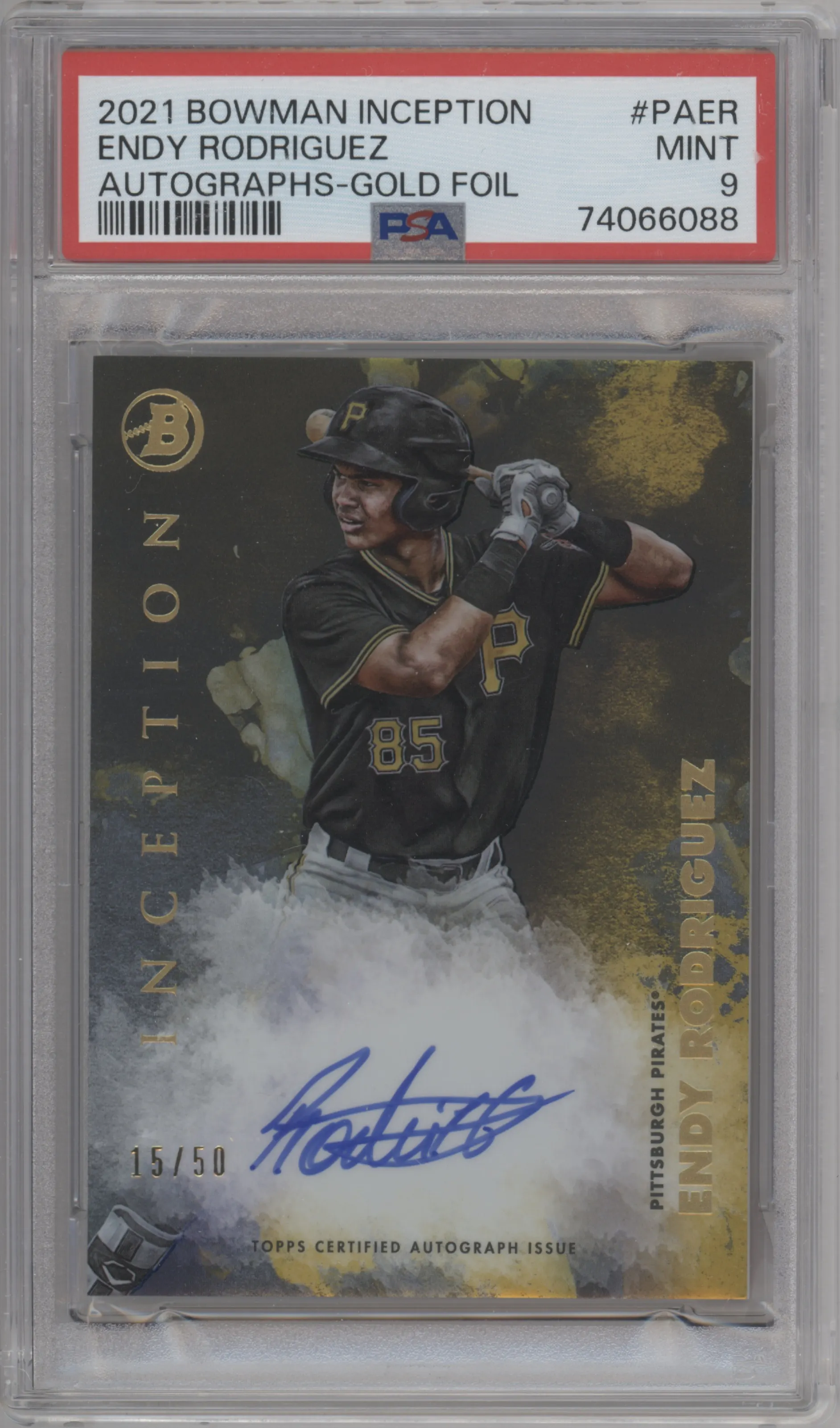 2021 Bowman Inception Auto Endy Rodriguez Gold Foil PSA 9