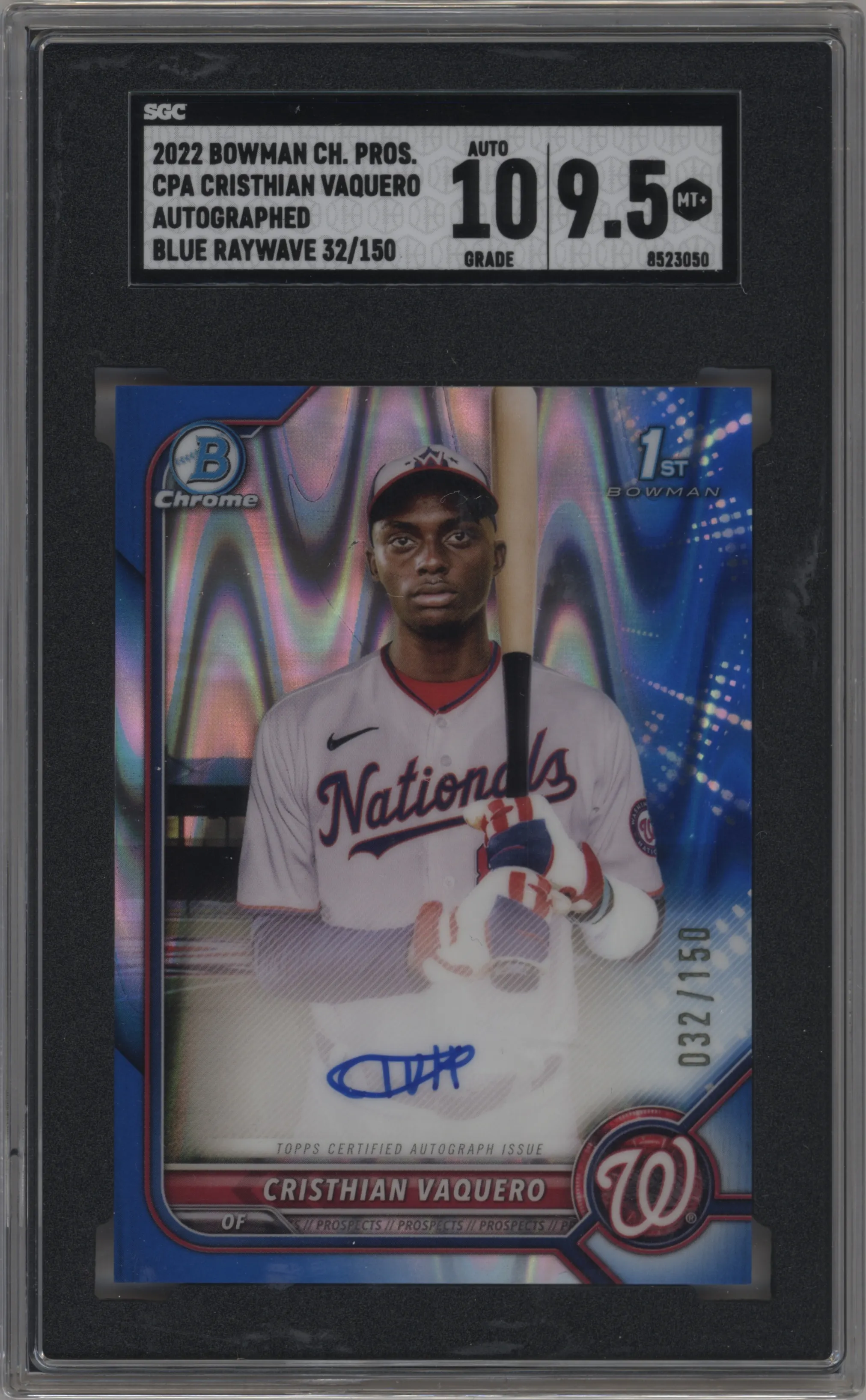 2022 Bowman Chrome Pros.Auto Cristhian Vaquero Blue RayWave Refractor SGC 9.5