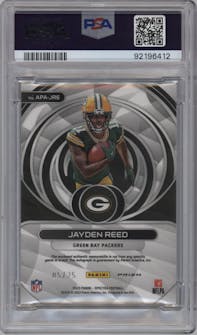 Jayden Reed from the 2023 Panini Spectra set featuring a Neon Pink parallel graded by PSA and given an overall grade of 10.