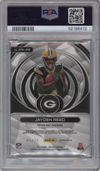 Jayden Reed from the 2023 Panini Spectra set featuring a Neon Pink parallel graded by PSA and given an overall grade of 10.