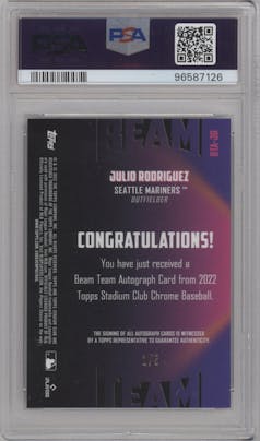 Julio Rodriguez from the 2022 Stadium Club Chrome set featuring a Red parallel graded by PSA and given an overall grade of 9.