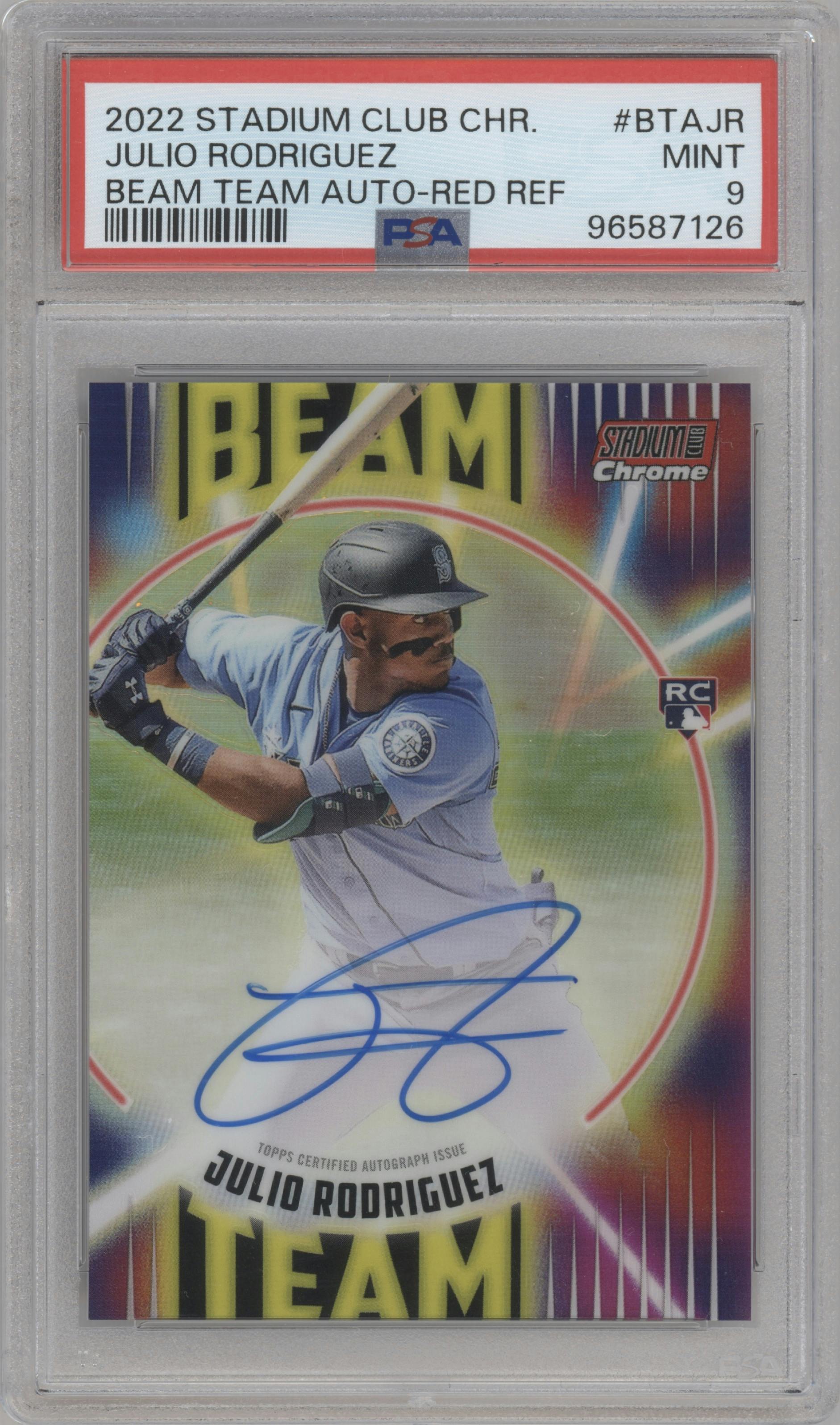 Julio Rodriguez from the 2022 Stadium Club Chrome set featuring a Red parallel graded by PSA and given an overall grade of 9.