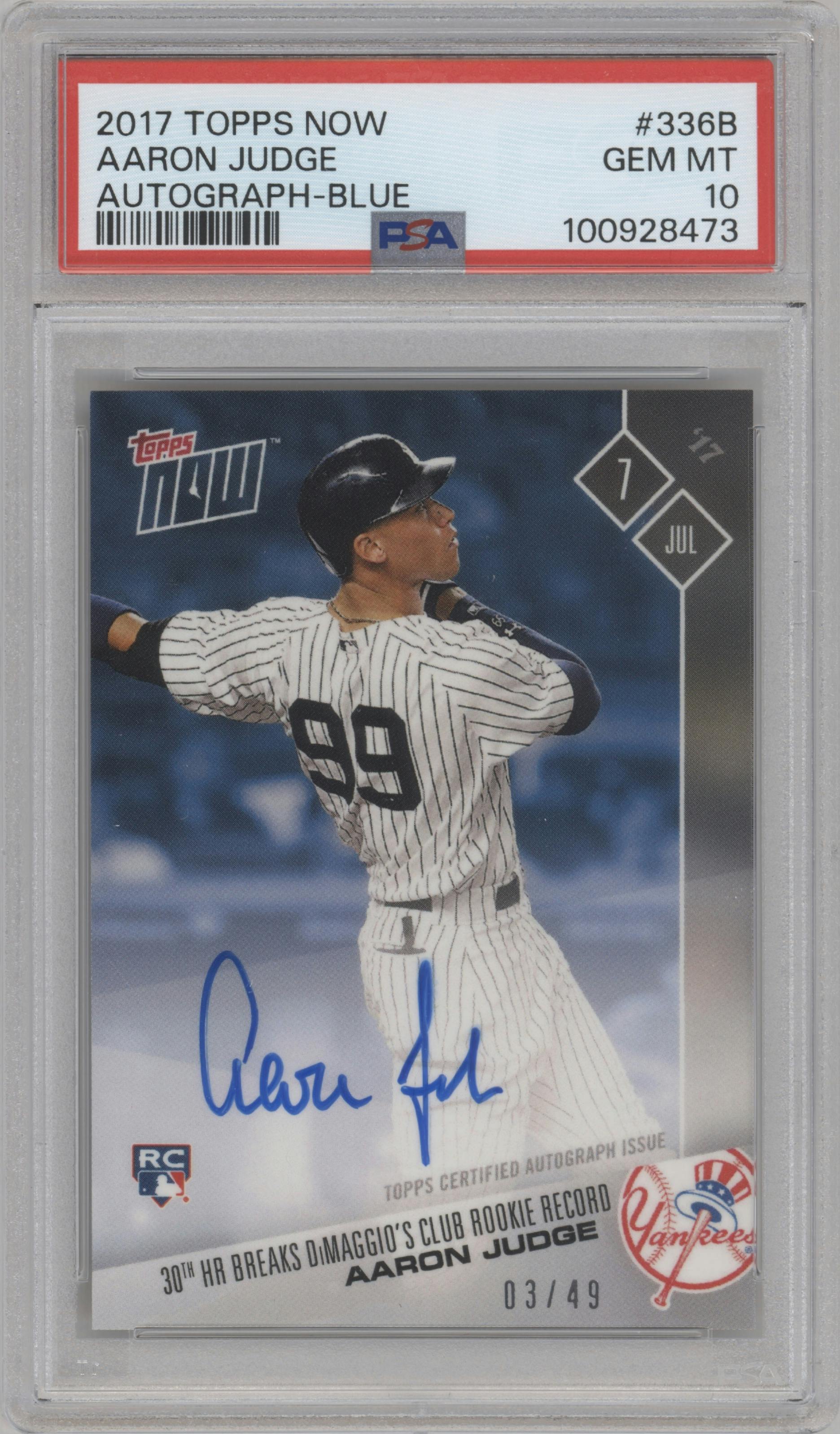 Aaron Judge from the 2017 Topps Now set featuring a Blue parallel graded by PSA and given an overall grade of 10.