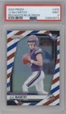 J.J. McCarthy from the 2024 Panini Prizm set featuring a Red/White/Blue Prizm parallel graded by PSA and given an overall grade of 9.
