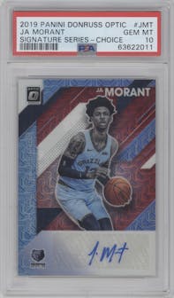 Ja Morant from the 2019-20 Panini Donruss Optic set featuring a Choice parallel graded by PSA and given an overall grade of 10.