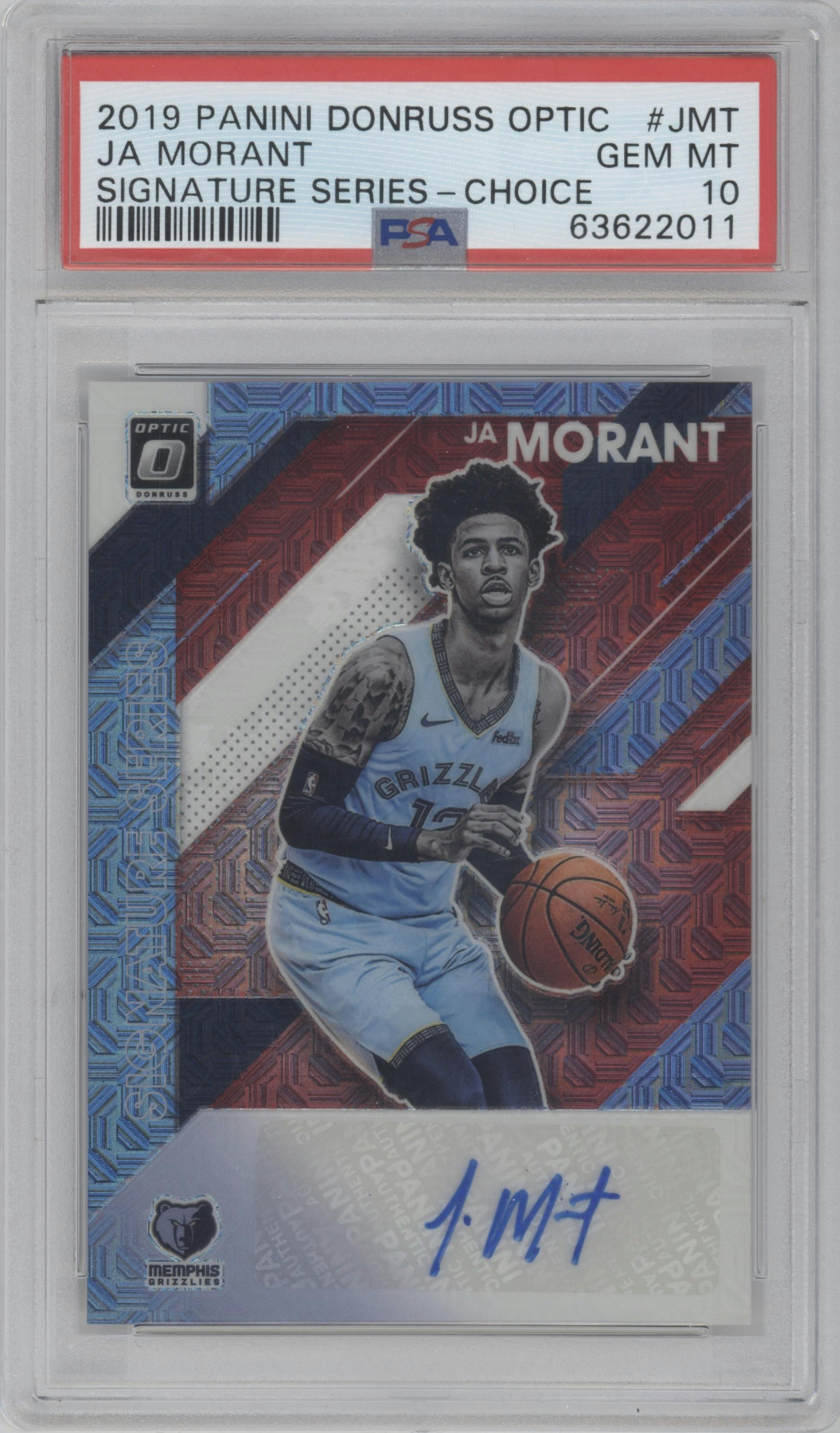 Ja Morant from the 2019-20 Panini Donruss Optic set featuring a Choice parallel graded by PSA and given an overall grade of 10.