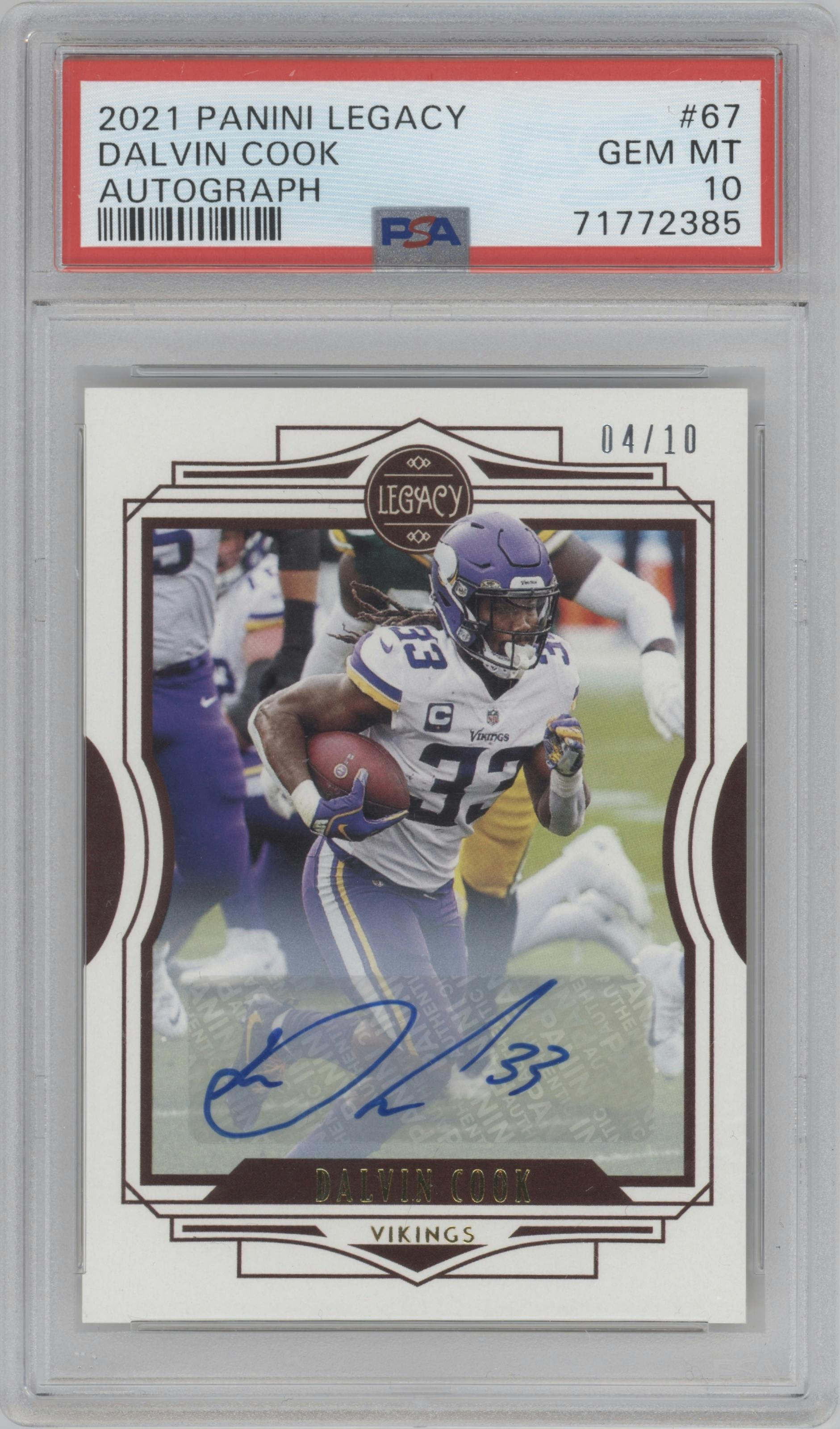 Dalvin Cook from the 2021 Panini Legacy set graded by PSA and given an overall grade of 10.