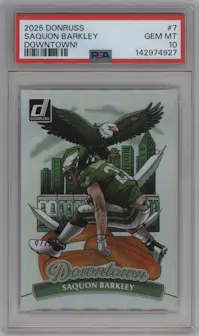 Saquon Barkley from the 2025 Panini Donruss set graded by PSA and given an overall grade of 10.