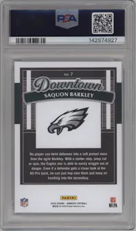 Saquon Barkley from the 2025 Panini Donruss set graded by PSA and given an overall grade of 10.