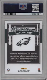 Saquon Barkley from the 2025 Panini Donruss set graded by PSA and given an overall grade of 10.