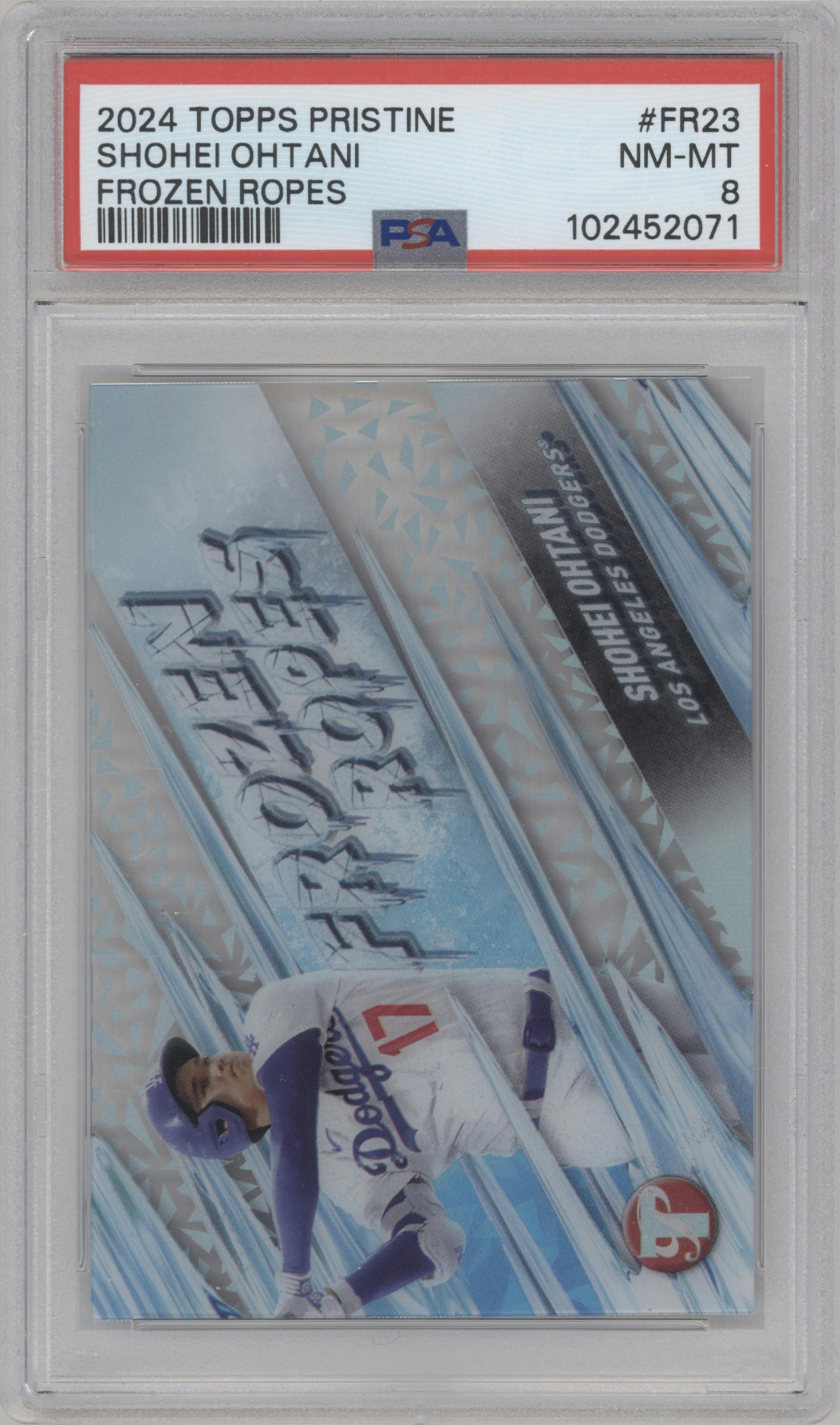 Shohei Ohtani from the 2024 Topps Pristine set graded by PSA and given an overall grade of 8.